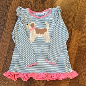 Trotter Street Striped Dog Appliqué Shirt with Pink Accents